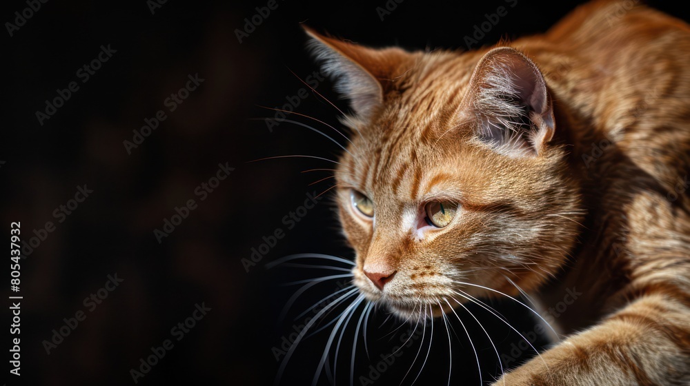Close-up image of a cozy sleeping orange tabby cat with vivid textures and fur details against a dark background, exuding a sense of calm and comfort