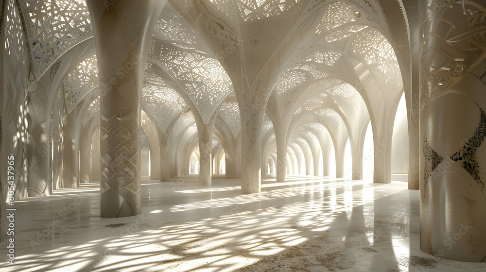 Arabian architecture interior with arches and columns. The walls have ...