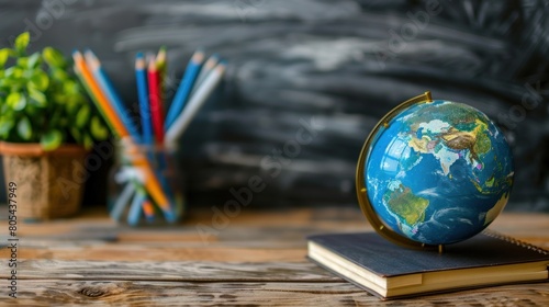Vibrant back to school concept: earth globe, books, notebooks, colorful stationery, and more on wooden table with chalkboard background,graduation hat and stack of books on the table. Generated AI