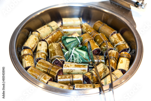 View of the rice steamed in bamboo photo