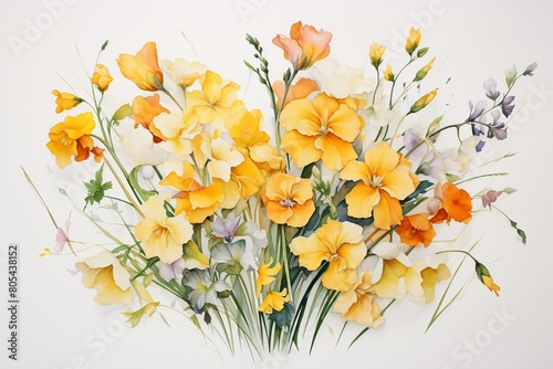 Tranquil depiction in watercolor of Daffodils and Sweet Peas, their blooms representing happiness, against a white backdrop ,  against pur white background photo