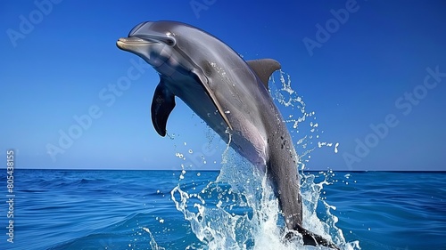 A joyful dolphin leaping from crystal-clear waters under a bright sun  splashing waves around  The images are of high quality and clarity