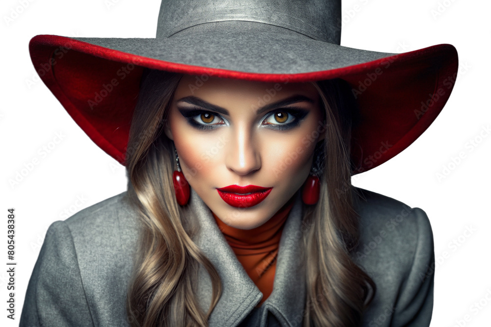 Elegant woman with silver hair, red hat, and bold red lips posing in an transparent background. A glamorous, stylish portrait showcasing confidence, beauty, and timeless fashion. Elegant woman with silver hair, red hat, and bold red lips posing in an transparent background. A glamorous, stylish portrait showcasing confidence, beauty, and timeless fashion.