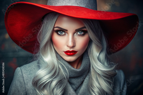 Elegant woman with silver hair, red hat, and bold red lips posing in an autumn forest. A glamorous, stylish portrait showcasing confidence, beauty, and timeless fashion in a serene outdoor setting