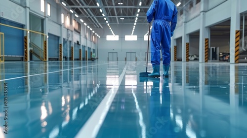 Worker in Blue Uniform Polishes Epoxy Floor in Service Center