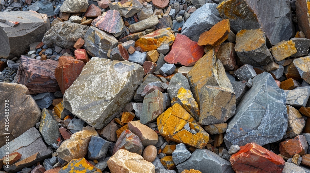 Vivid closeup of assorted rocks and earth at an open pit mining site, illustrating the rugged beauty of mining landscapes, close-up