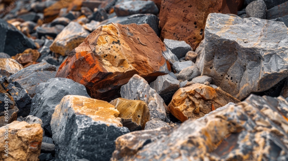 Vivid closeup of assorted rocks and earth at an open pit mining site, illustrating the rugged beauty of mining landscapes, close-up Vivid closeup of assorted rocks and earth at an open pit mining site, illustrating the rugged beauty of mining landscapes, close-up