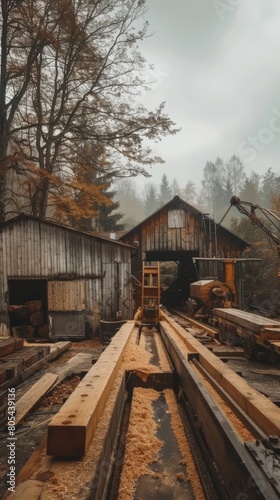 Wallpaper Mural Sawmill, sawmill buildings with equipment with logs in the forest Torontodigital.ca