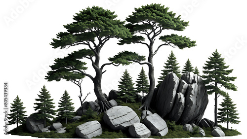 Cutout rock surrounded by pine trees isolated on transperent background. shrub for landscaping. High quality clipping mask for professionnal composition photo