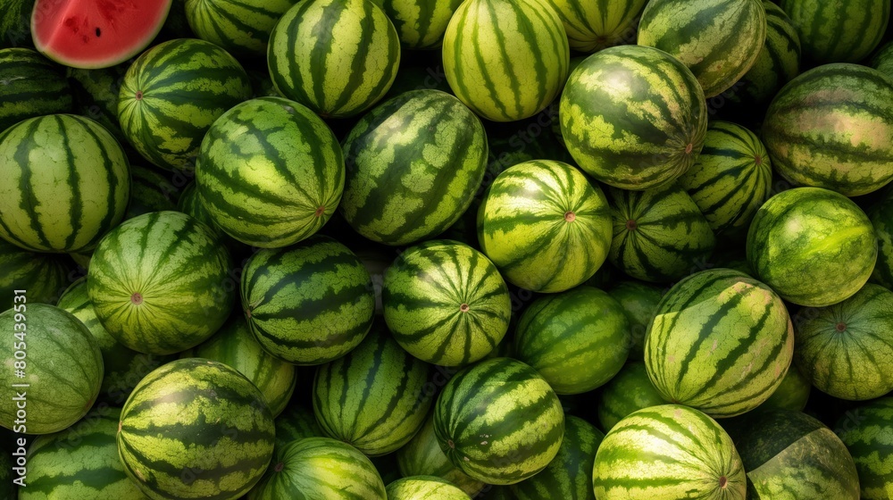 Stack of watermelons with one red slice next to them Stack of watermelons with one red slice next to them