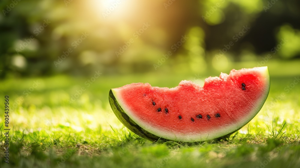 A slice of watermelon rests on grass A slice of watermelon rests on grass