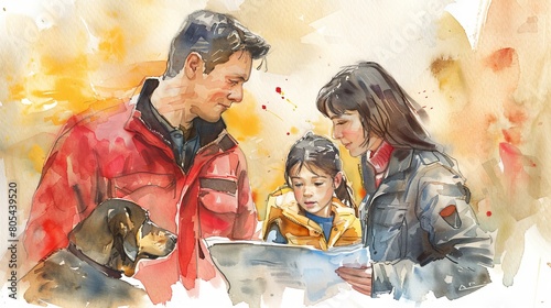 A family is hiking in the mountains. They are looking at a map and the dog is sniffing around.