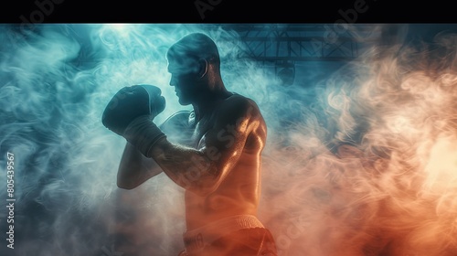 Boxing banner. Intense boxer readying for a fight amidst dramatic mist. sports themes and powerful narratives.