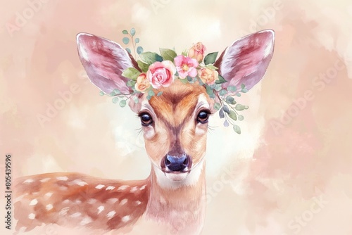A delicate watercolor painting of a graceful deer wearing a vibrant flower wreath, set against a soft, pastel background. AI generated