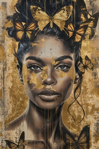 A close-up painting of an African American woman's face, detailed in black and highlighted with gold, with butterflies artistically placed as if they are whispering secrets. AI generated