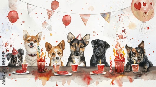 A group of dogs wearing party hats are sitting at a table decorated with balloons and streamers photo