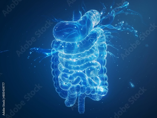 A dynamic 3D visualization of the human digestive system within a transparent blue body silhouette. AI generated