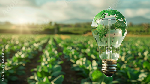 A transparent light bulb, its filament shaping into a green world map, illuminates a scene of serene agricultural fields, juxtaposing the concepts of sustainable farming