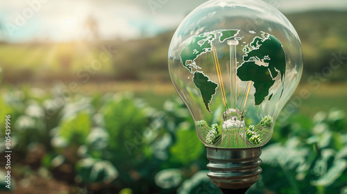 A transparent light bulb, its filament shaping into a green world map, illuminates a scene of serene agricultural fields, 
