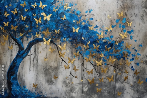 A hand-painted abstract artwork featuring a vivid blue tree with branches sprawling across a canvas, adorned with golden butterflies fluttering around. AI generated