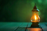 Vintage oil lamp on a wooden table with green bokeh background