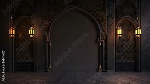 Islamic archway with ornate patterns and hanging lanterns, leading to the empty mosque hall