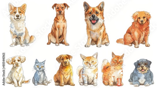 A watercolor painting of a group of dogs and cats