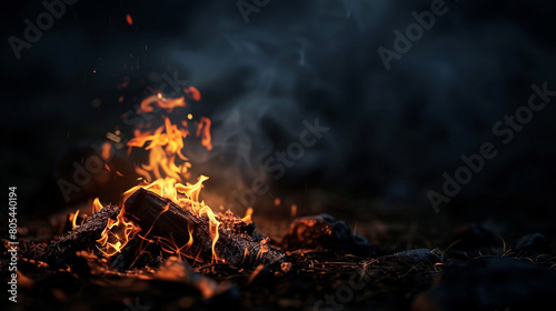 A tranquil scene of a campfire with flames gently licking the air, surrounded by darkness. The fire's warm glow contrasts sharply with the cool, photo