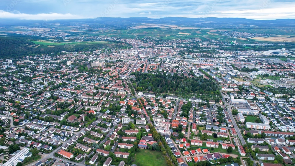 Aerial view of the city Bad Kreuznach in spring on a sunny day