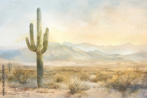 Watercolor scene featuring a sweeping view of desert with Saguaro cacti. AI generated