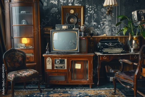 A room with a television, typewriter, and a potted plant