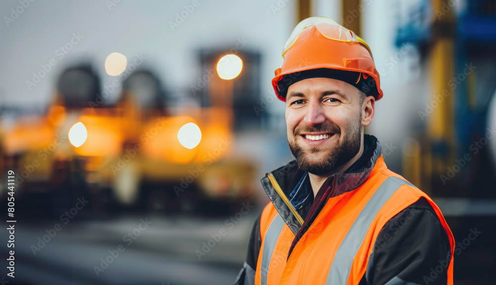 A man in an orange safety vest and hard hat is smiling A man in an orange safety vest and hard hat is smiling
