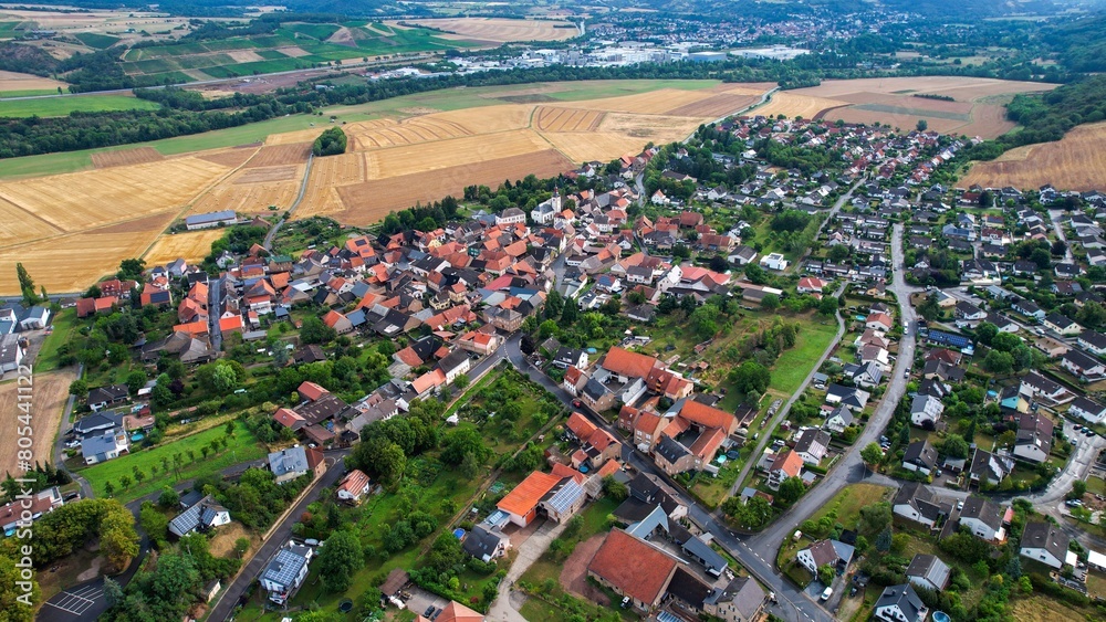 Aerial view of the village Meddersheim in spring on a sunny day