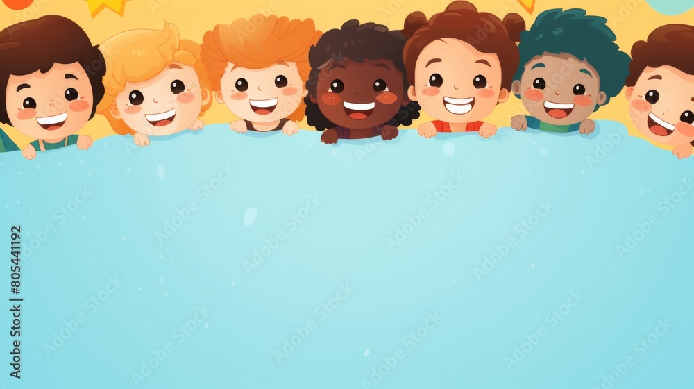 Enchanting scene with kids standing before a bright blue sign, curious and excited Enchanting scene with kids standing before a bright blue sign, curious and excited
