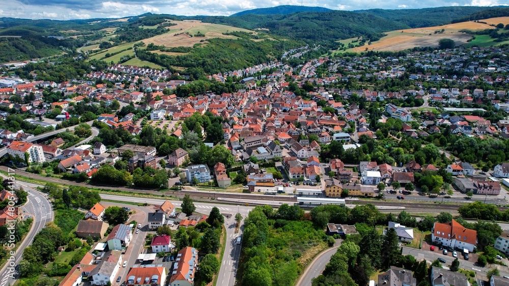 Aerial view of the city Rockenhausen in spring on a sunny day