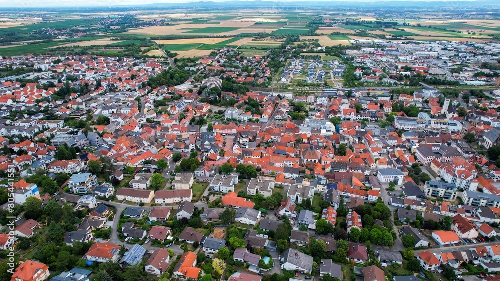 Aerial view of the old town of Grünstadt in Germany on a sunny day in spring	