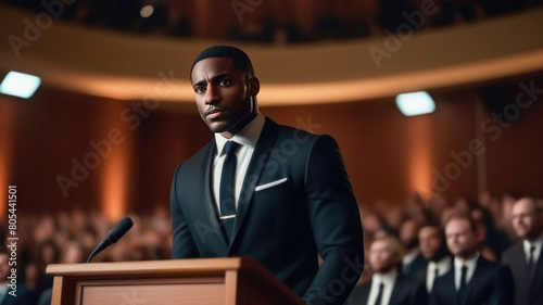 Black man speaker in suite behind tribune in the audience, blur background, cinematic style, politician and business concept photo