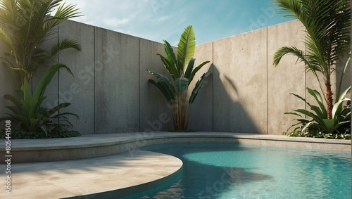 Tropical summer background with concrete wall and swimming pool