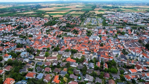 Aerial view of the old town of Grünstadt in Germany on a sunny day in spring 