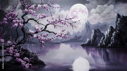 Black and White Seascape Full Moon Purple Flower Painting, Modern Hand-Painted Plum Blossom. AI generated