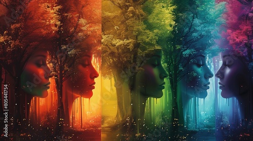 The trees trunks as human, multi, colorful, AI generative photo