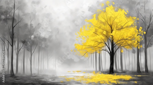Painting Yellow Tree in Black and White Sunshine Foggy Forest. AI generated