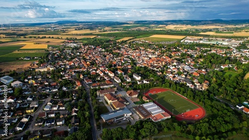 Aerial view of the old town of Sprendlingen in Germany on a sunny day in spring	