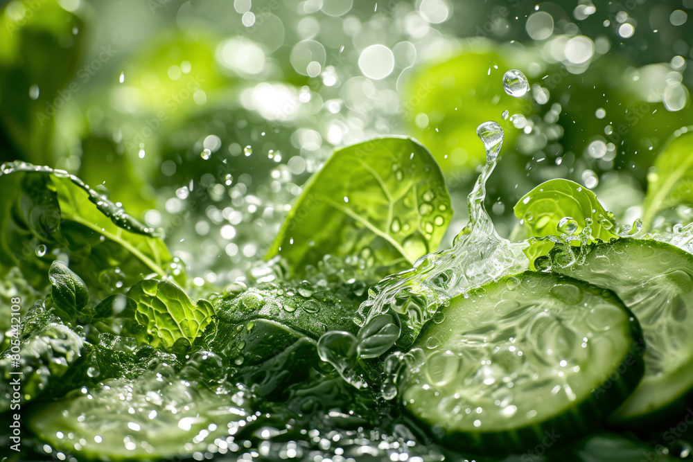 Fresh green salad with cucumber slices and water drops on blurred background Fresh green salad with cucumber slices and water drops on blurred background