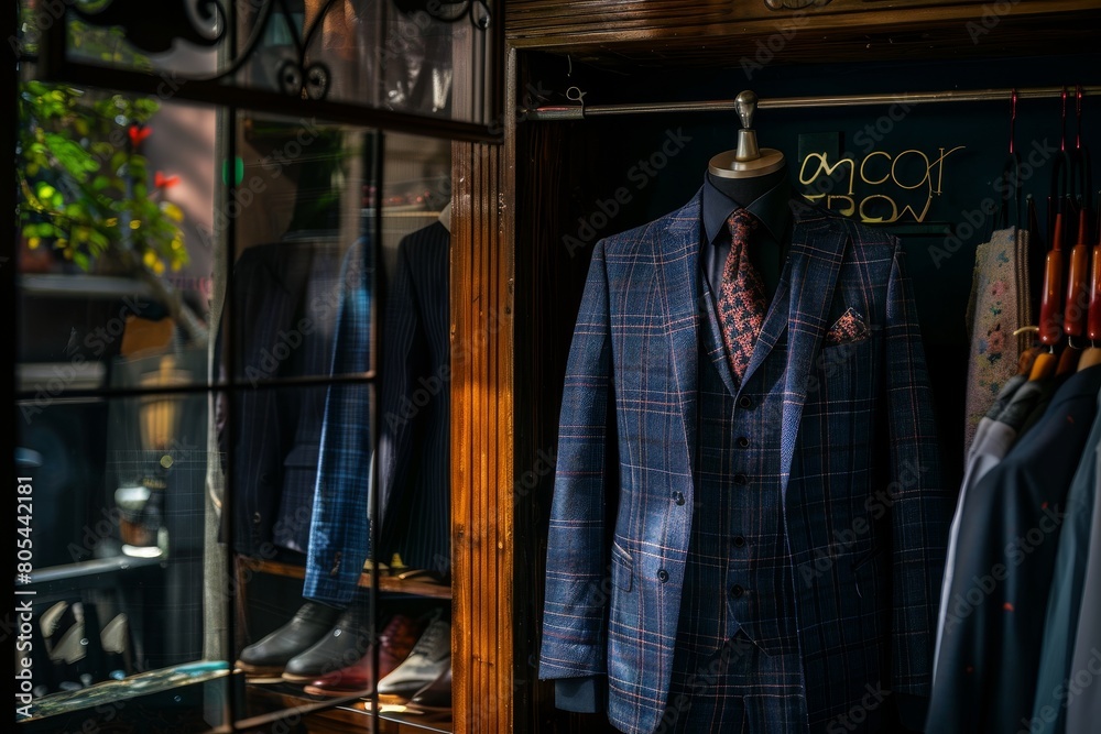 Expensive men's business suit hanging on a display window in a boutique Expensive men's business suit hanging on a display window in a boutique