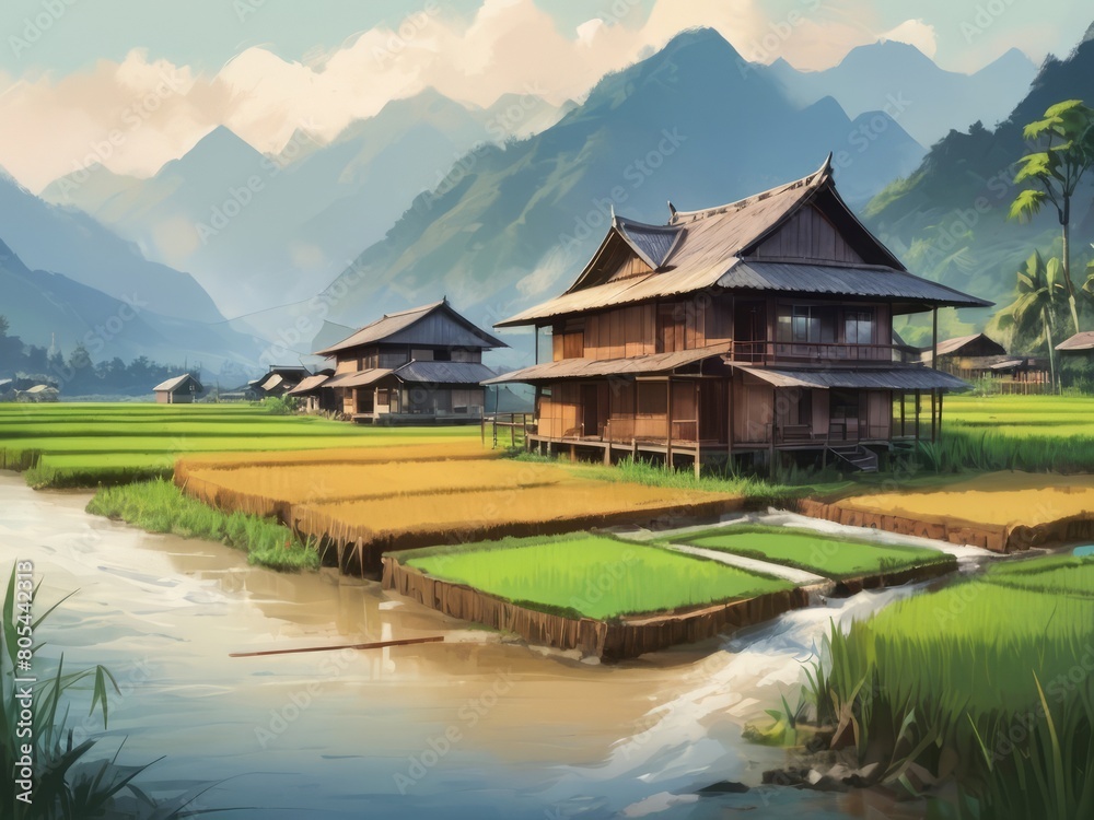Wooden house by the river with mountains and rice fiel in the background 2 Wooden house by the river with mountains and rice fiel in the background 2