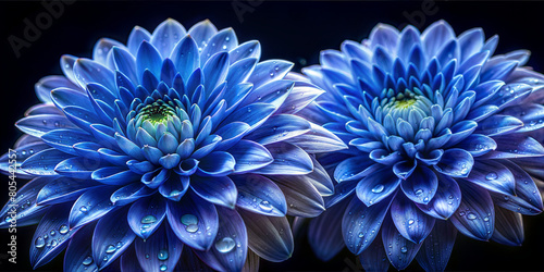 Spectacular close-up image of two bright blue chrysanthemum flowers on a dark background. Perfect for design projects and floral themes. Raindrops on the petals.