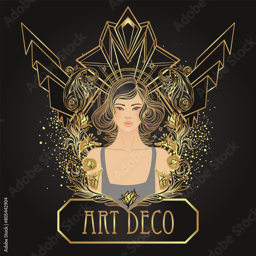 Retro fashion, glamour girl of twenties. Asian pretty woman. Vector illustration. Flapper 20s style. Vintage party invitation design template. Fancy asian lady.