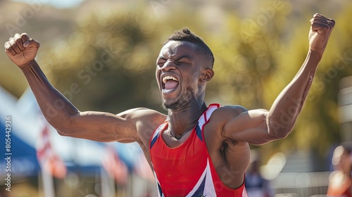 male track and field athlete celebrating winning a sprint race at a sports event. sport banner