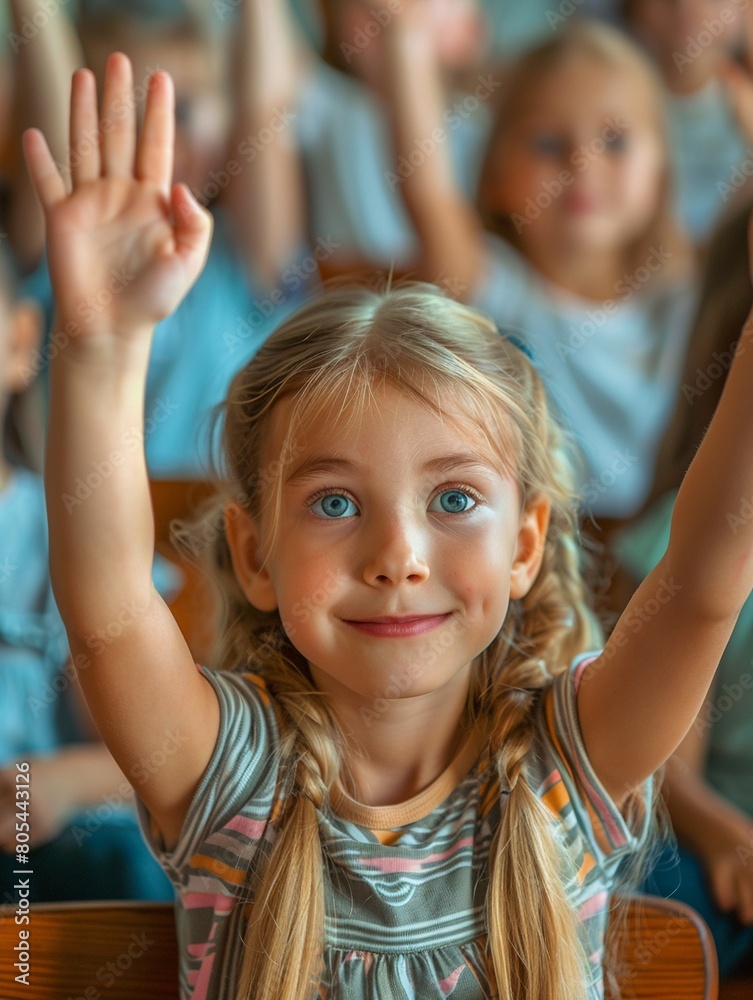 Back to school children actively, the girl, raised the hands Back to school children actively, the girl, raised the hands